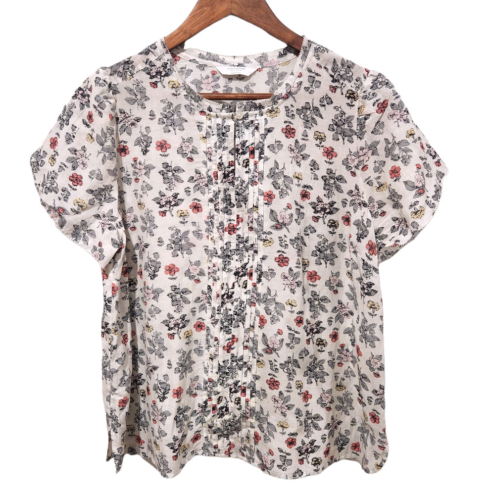 Lucky Brand Womens White Floral Botanical Print Short Sleeve Blouse Size Large